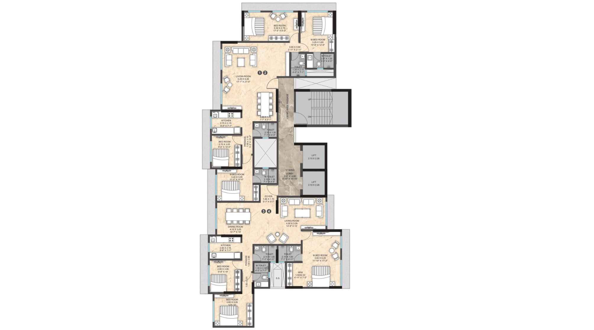 Paranjape-Athena-Floor-Plan-Wing-C-3-BHK-1171-sqft-4-BHK-1245-sqft