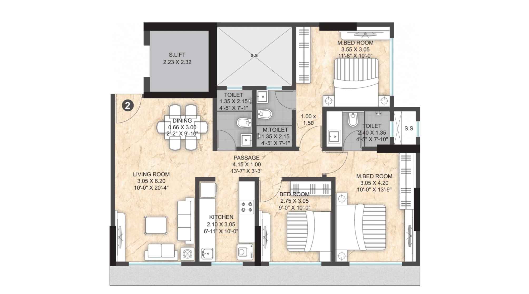 Paranjape-Athena-Floor-Plan-Wing-E-3-BHK-854-sqft